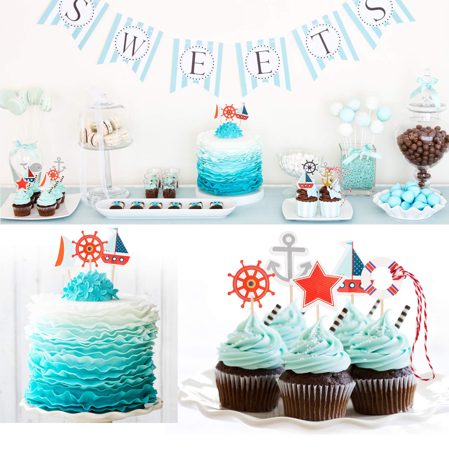 72 Pieces Nautical Cupcake Toppers Ocean Theme Toothpicks Birthday Cake Picks Decorations For Navy Baby Shower Party Favors Supp